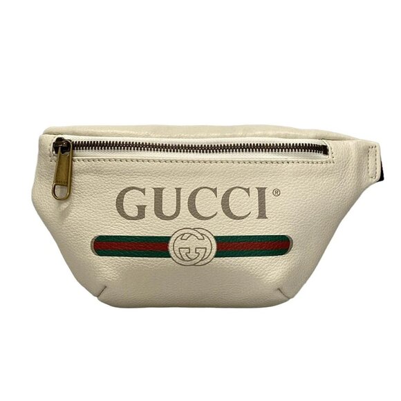 Auth GUCCI Print Small Belt Bag 527792 White Leather Bum Bag - Picture 1 of 16